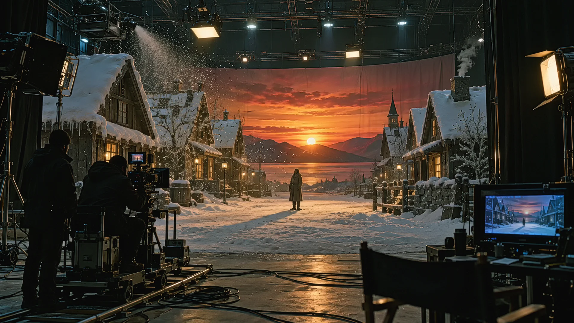 An imagined soundstage interior: a snow-covered timber village street built on a stage floor, a frozen sunset on the backdrop at the far end, a lone actor mid-street, with the lighting grid, lamps, a snow machine, a camera dolly and crew silhouettes around the set.